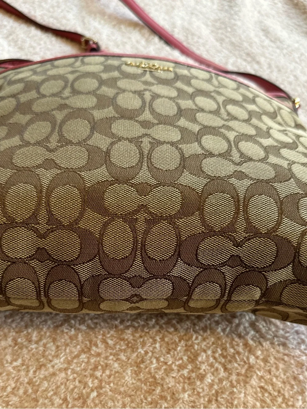 Coach Beige Signature Crossbody with Pink Leather Trim